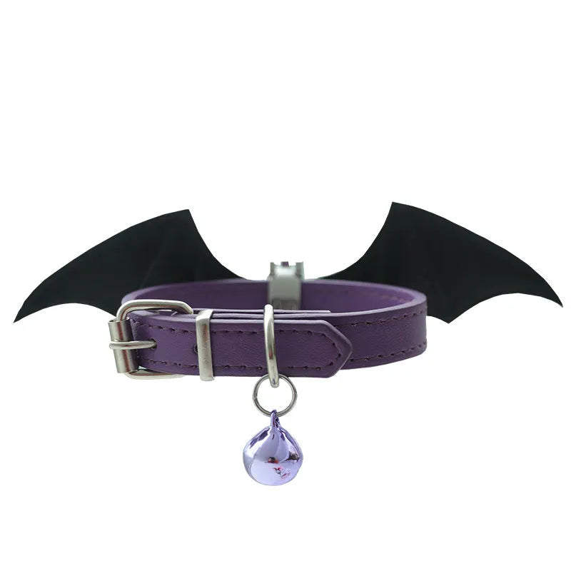 Small black patent leather collar with devil wings and bell accessory