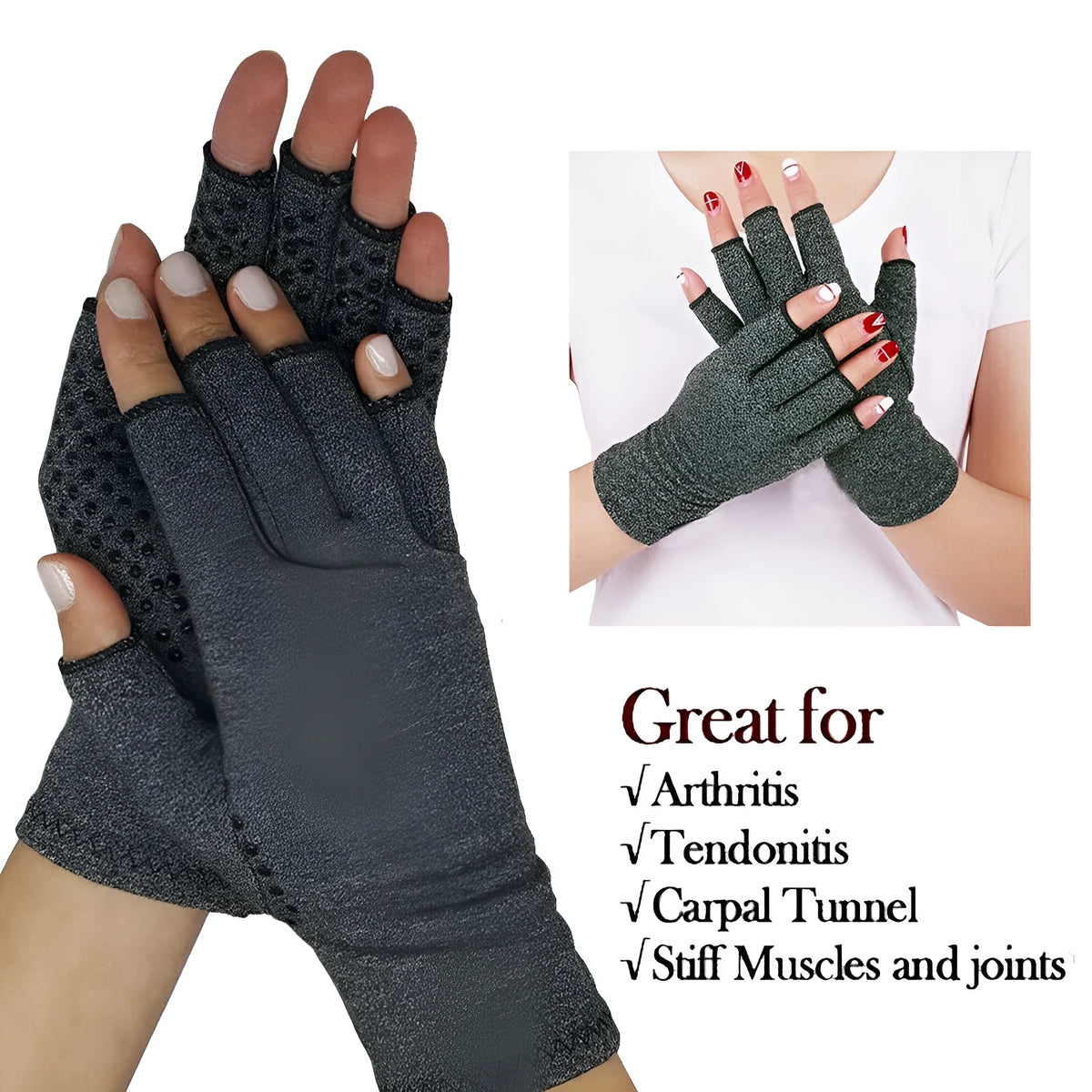 Grey half finger compression gloves made from polyester and spandex, showing the open fingertip design.
