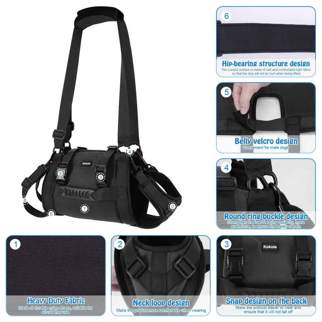 Black Oxford cloth dog rehabilitation harness for leg support in multiple sizes