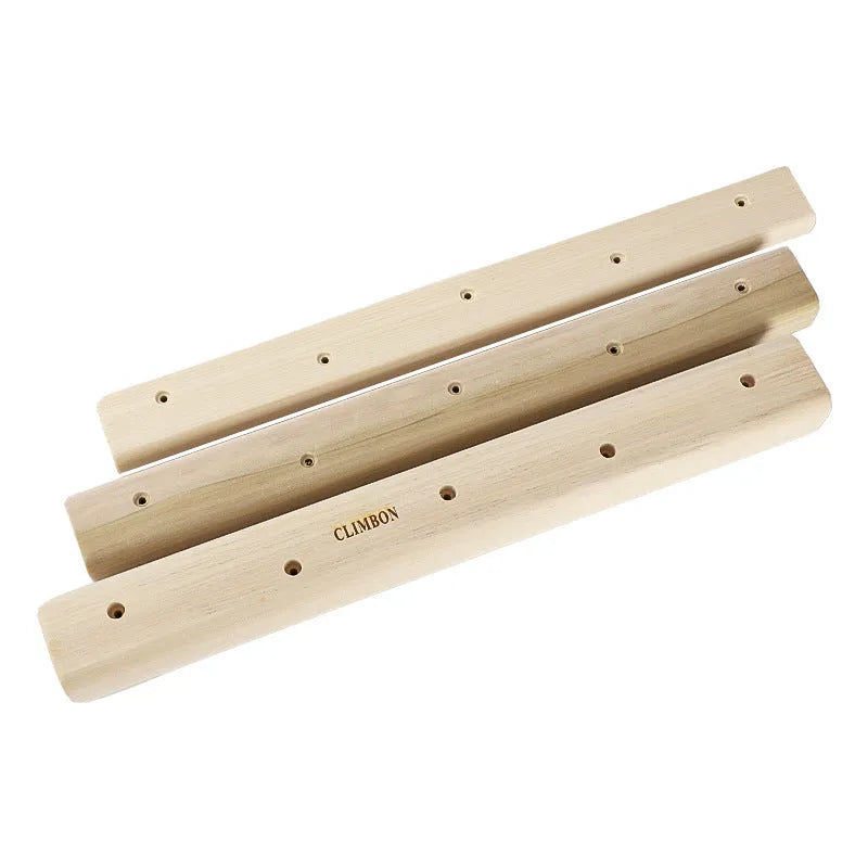 Three solid wood fingerboard hangboards in 12cm, 40cm, and 50cm lengths for grip strength training