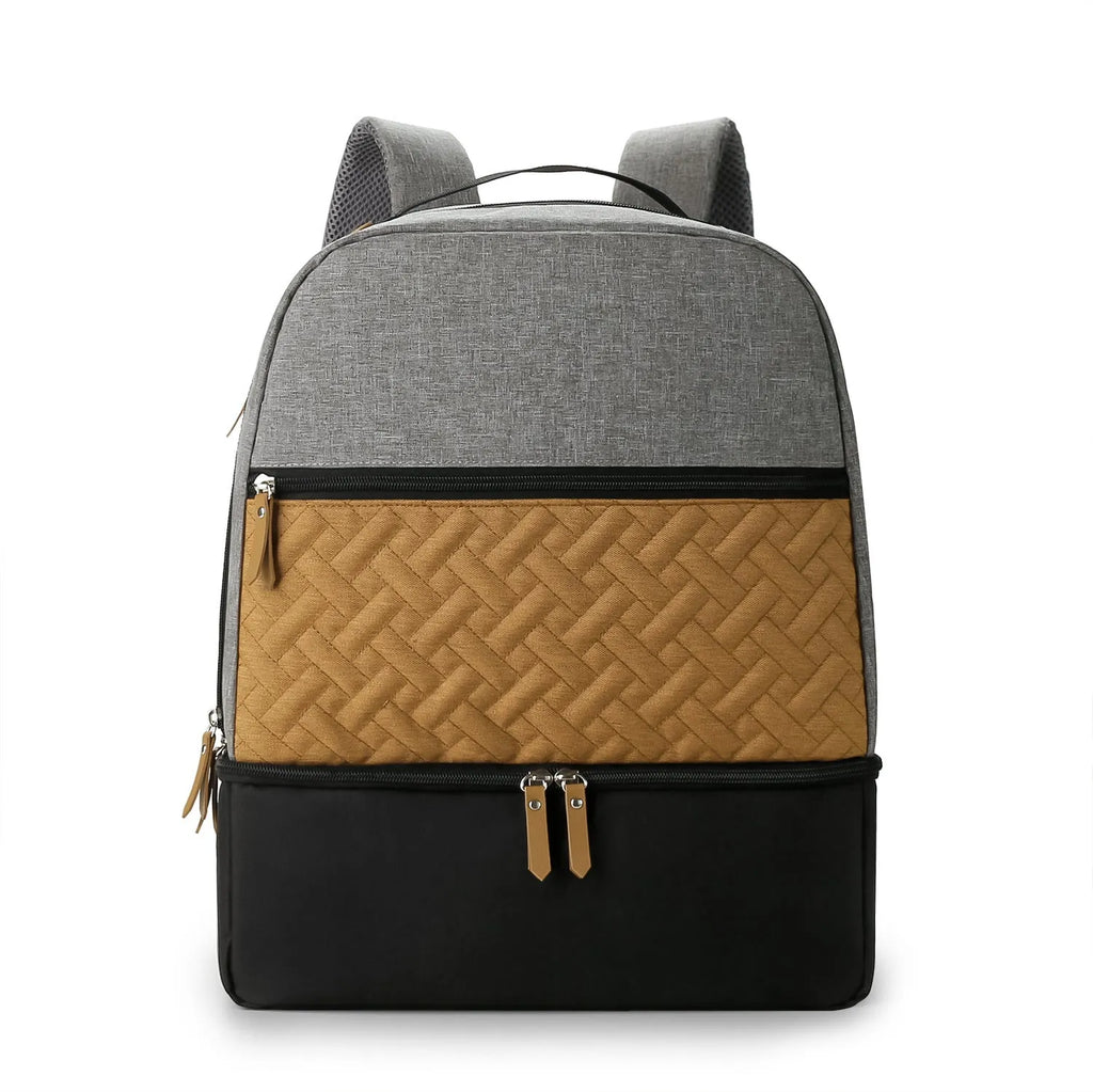 Grey insulated mother and child travel backpack with curved shoulder straps and multiple compartments