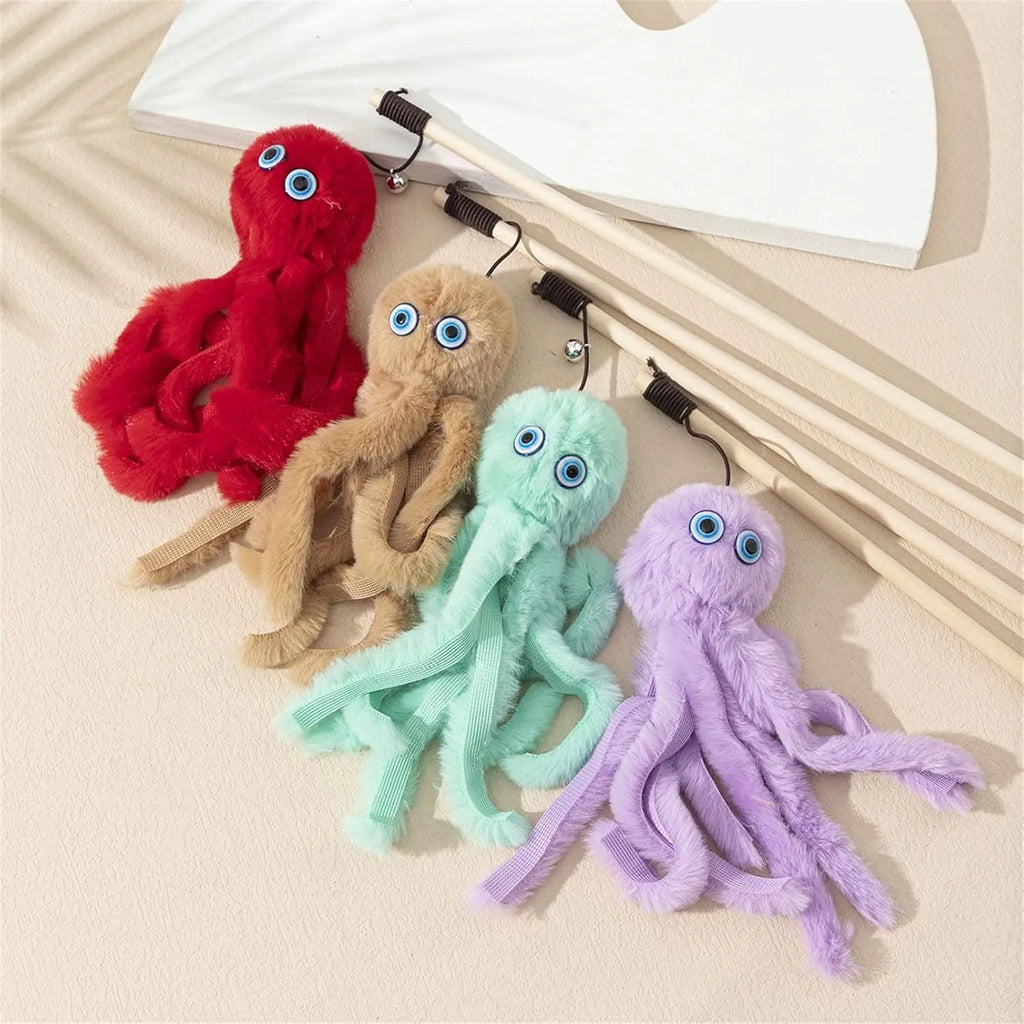 Furry octopus cat toy on 40cm long stick for indoor kitten play in bright colours