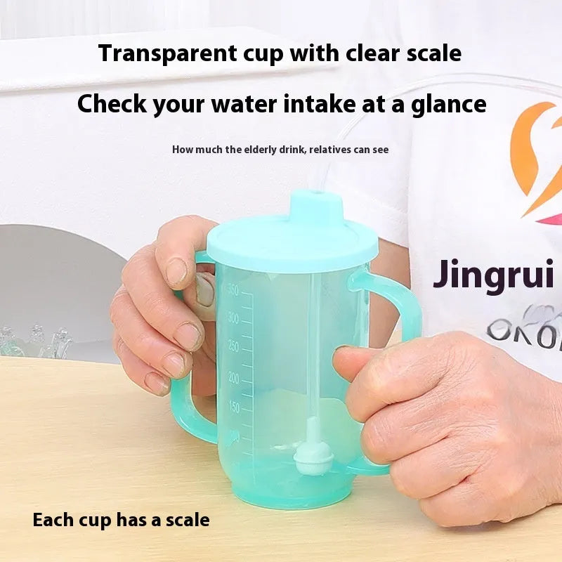 Elderly bed drinking cup with oblique mouth design, handle, and secure lid