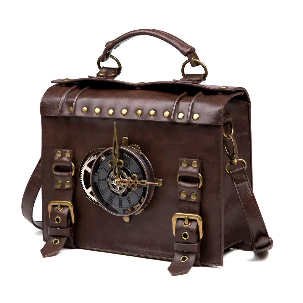 Bronze steampunk industrial retro shoulder bag with metal accents and pillow bag design