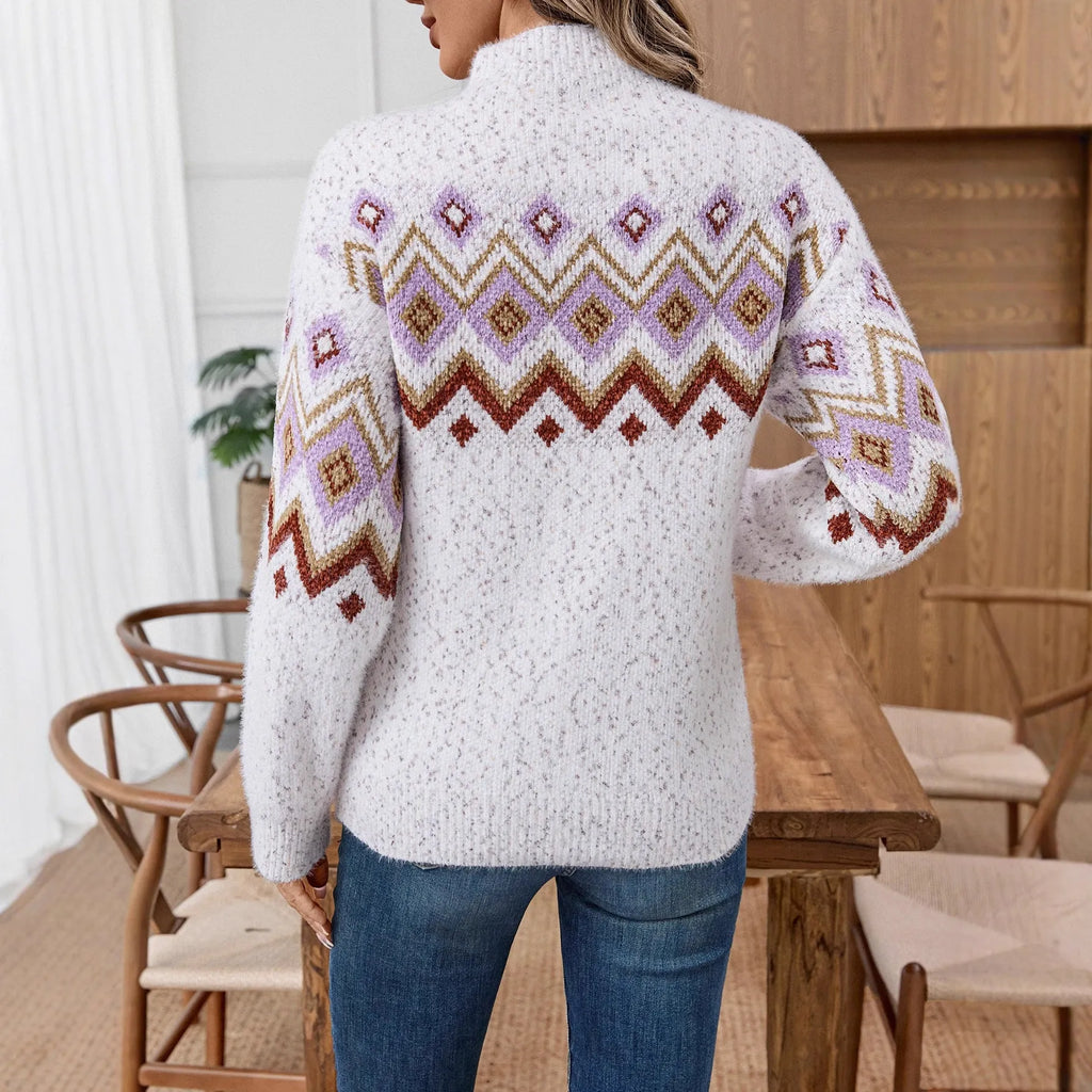 White women's half turtleneck sweater with geometric jacquard pattern and loose street fashion styling