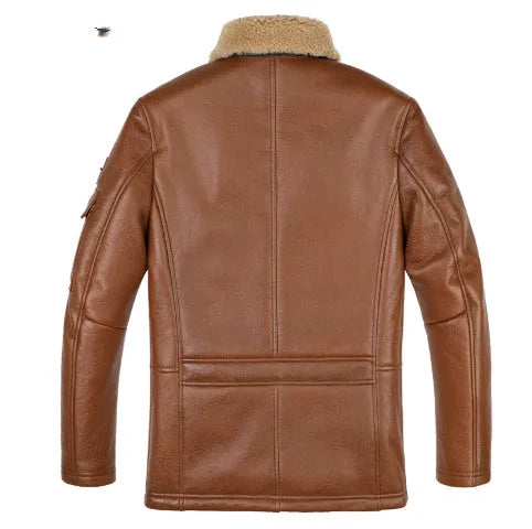 Champagne sheepskin trench coat with lapel collar, midi length, slim fit, and multiple pockets for winter.