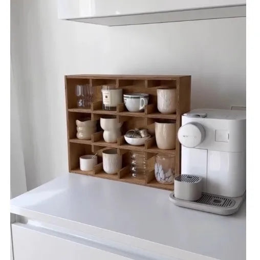 Square solid wood storage rack with multiple grid compartments in birch wood meridian colour