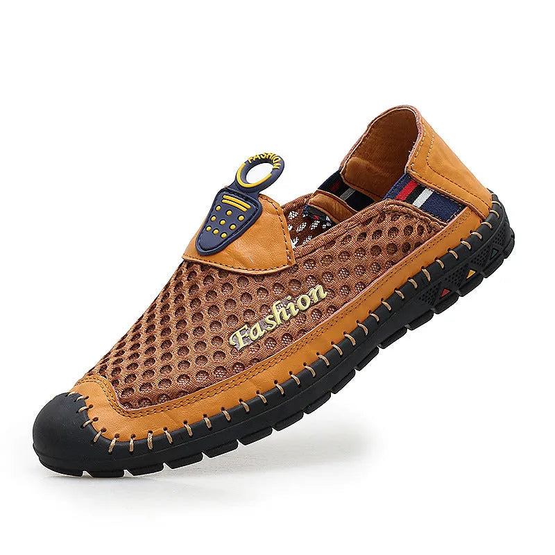 Men's brown mesh casual shoes with round toe and rubber sole on a plain background