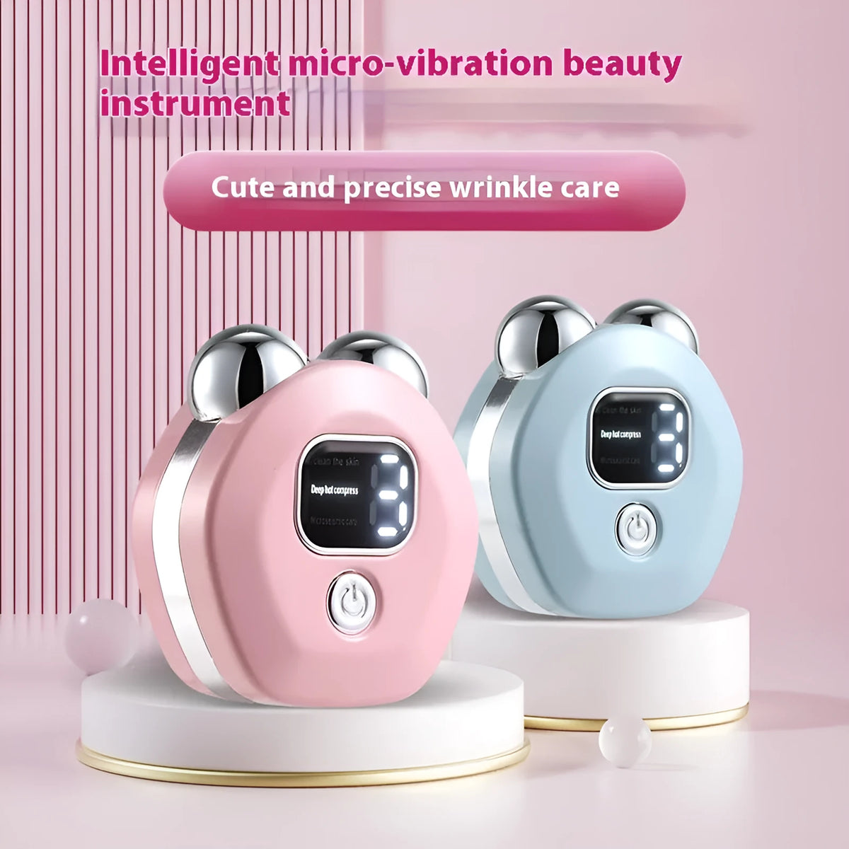 Portable micro current beauty instrument with hot compress function and double-roller facial massage heads