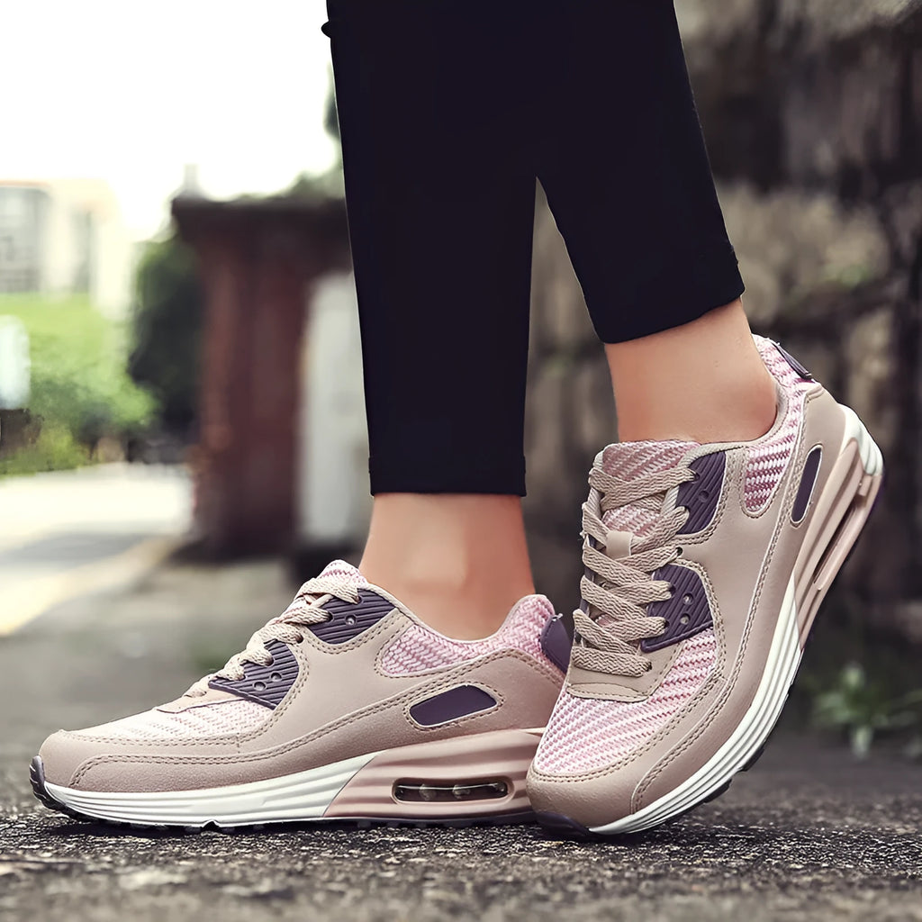 Women's casual low-heel shoes in beige orange, grey, and pink purple colours, showing soft fabric upper.