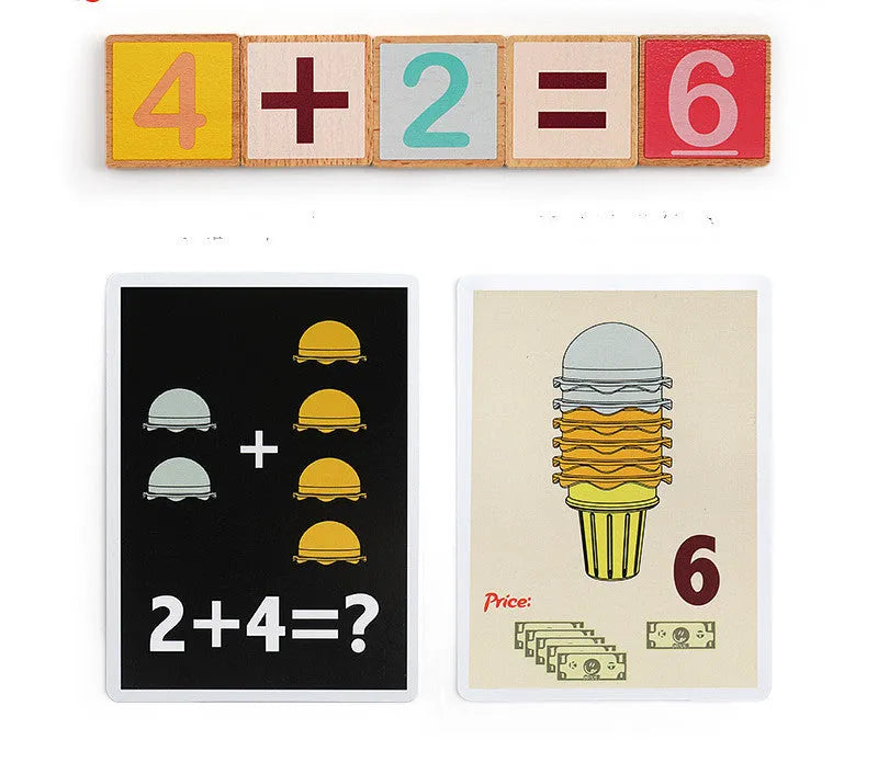 Kids ice cream math play set with colourful number sign, ice cream balls, and cards for role play