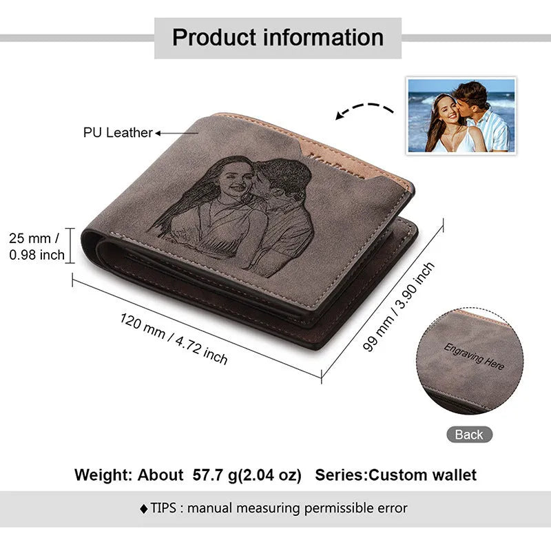 Engraved horizontal short wallet in coffee PU leather showing custom text, measuring 120x99x25mm