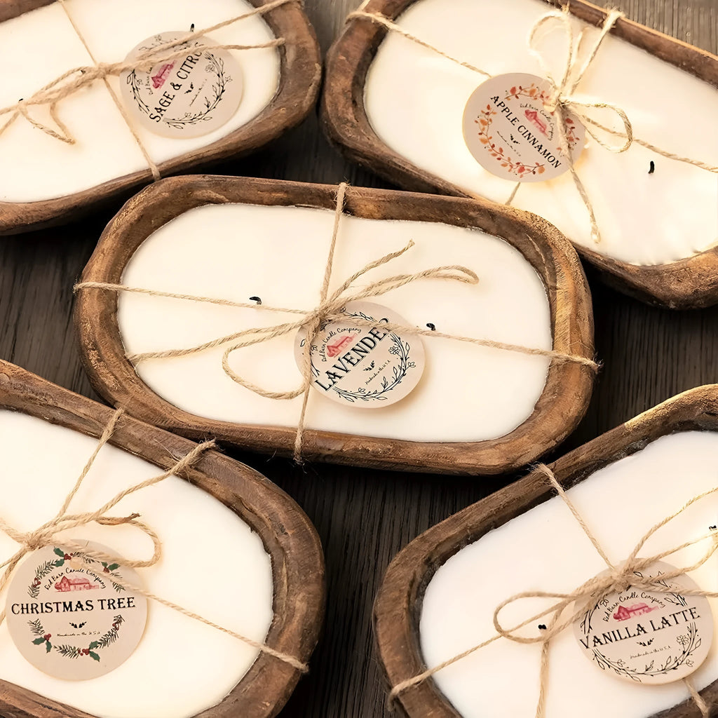 Retro wooden basin containing lavender-scented soy wax candle with three wicks