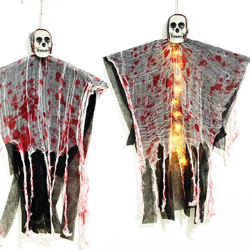 Blood-dyed luminous plastic skull and hanging ghost Halloween ornament
