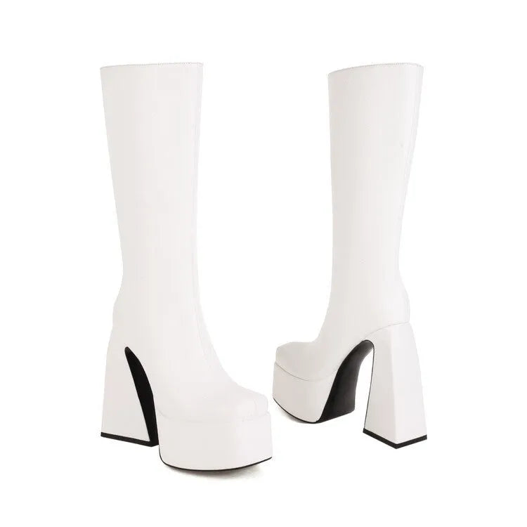 Women's casual high boots in artificial PU material, shown in black, red, blue, and white colour options.