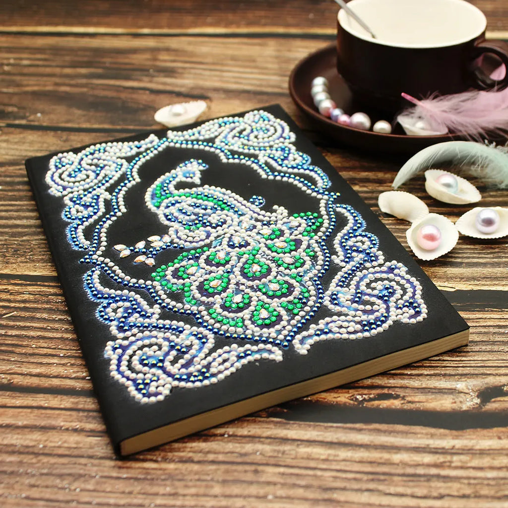 Black A5 diamond painting journal notebook with shaped and bright drill crystals, measuring 142x207mm