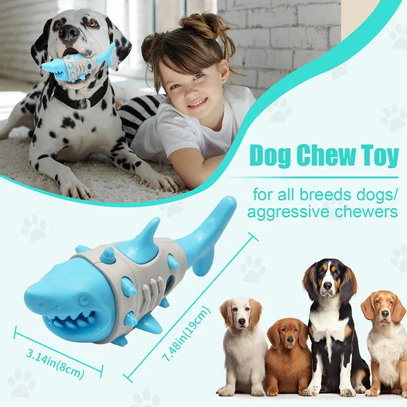 Blue shark-tooth textured dog teething toy with vent holes on rubber surface