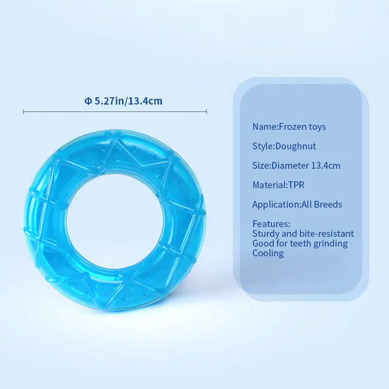 Dog cooling toy set with water-filled pacifier, popsicle and ring shapes for freezing