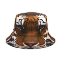 Khaki tiger print bucket hat with domed crown on a neutral background.
