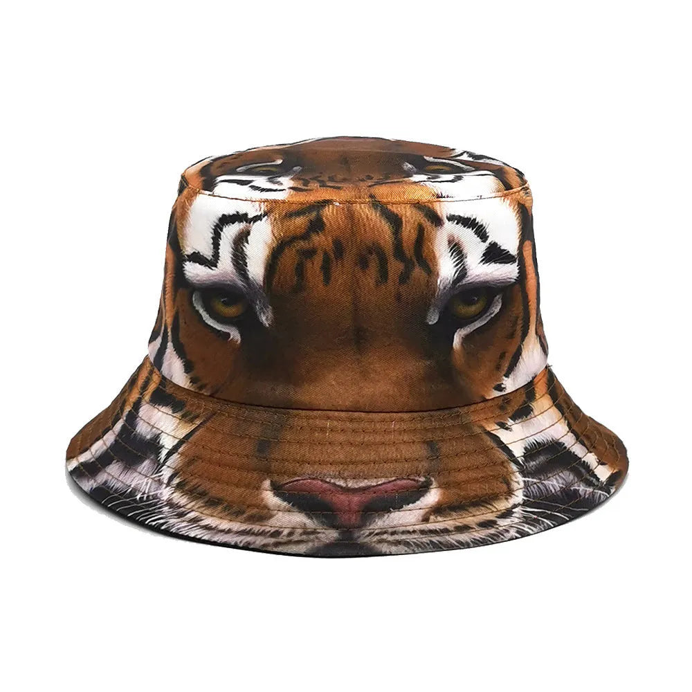 Khaki tiger print bucket hat with domed crown on a neutral background.