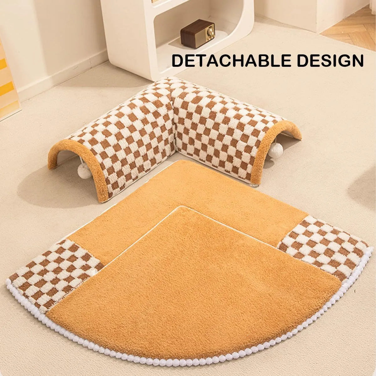 Coffee coloured fan-shaped plush pet bed with a tunnel entrance and anti-slip granular base.