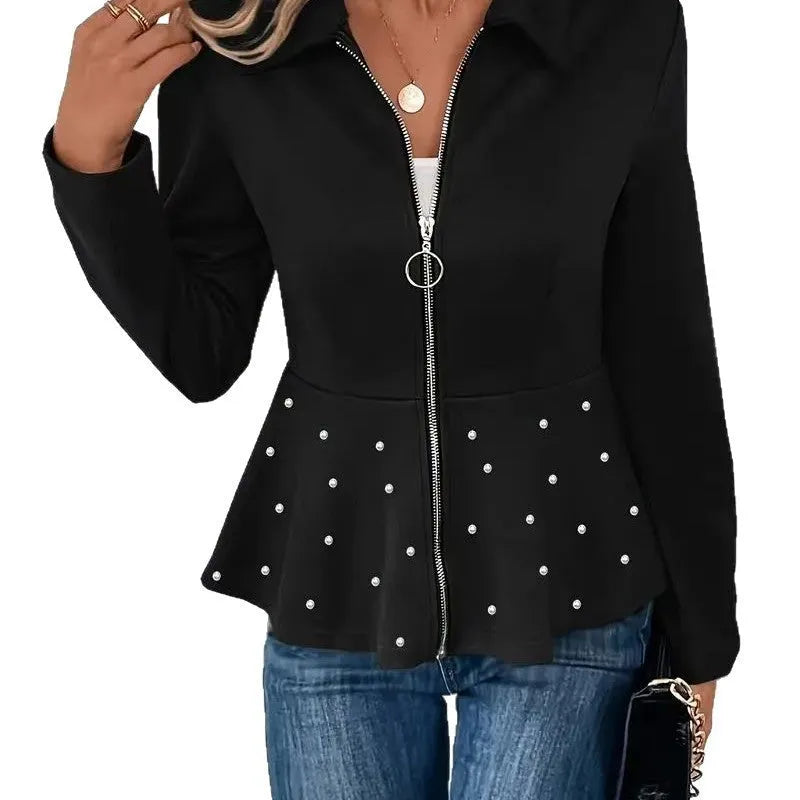 Women's black spandex coat with beaded heavy-duty zipper and ruffled hem, loose fit design