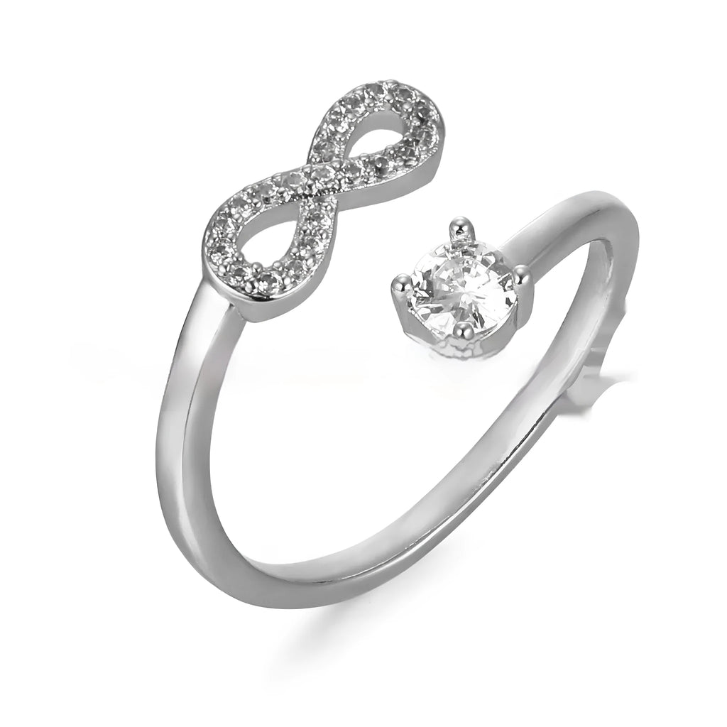 Open geometric ring with letter charm and inlaid zircon treatment in gold, rose gold, or silver finish