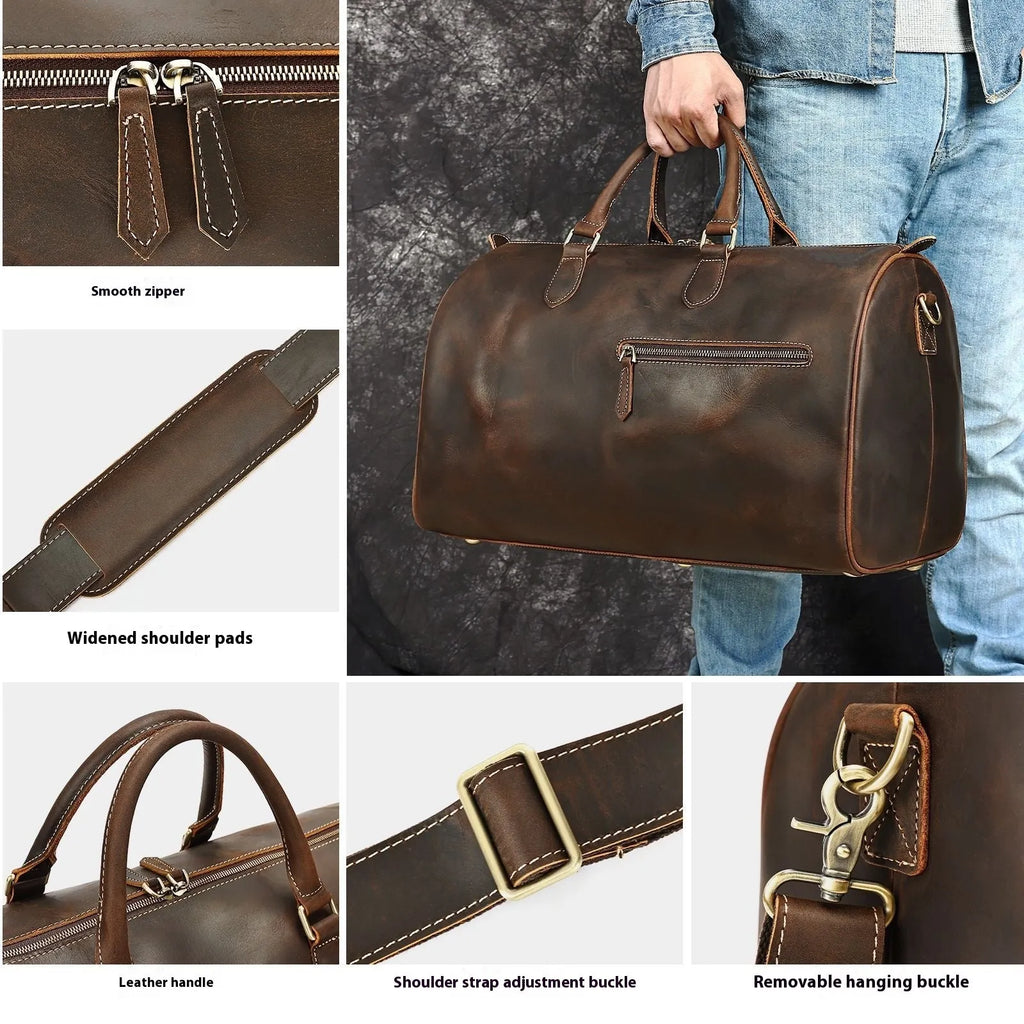 Men's vintage brown leather crossbody messenger bag shown with dimensions