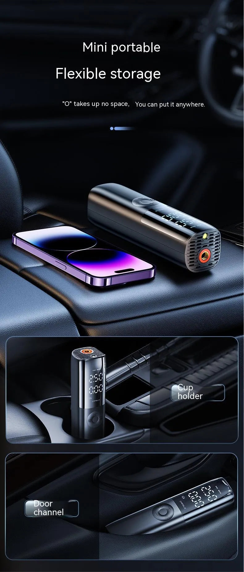 Black portable electric car air pump with tyre pressure gauge and inflation tube.