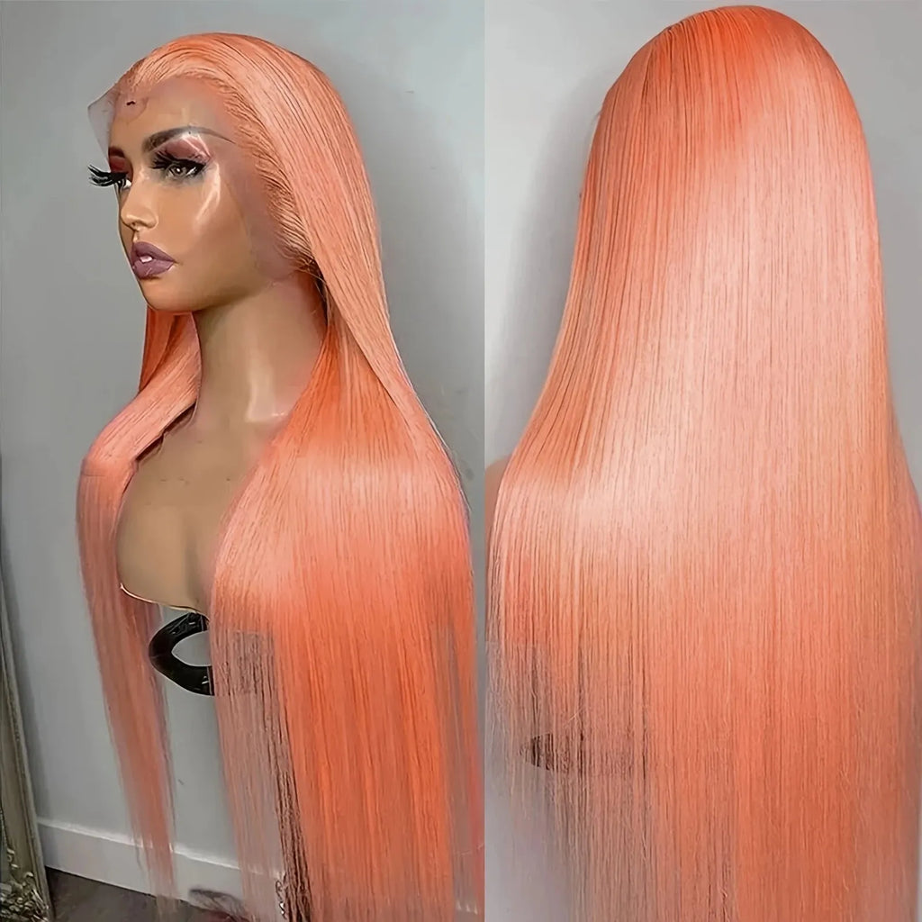 Light orange long straight synthetic wig with front lace and side bangs.