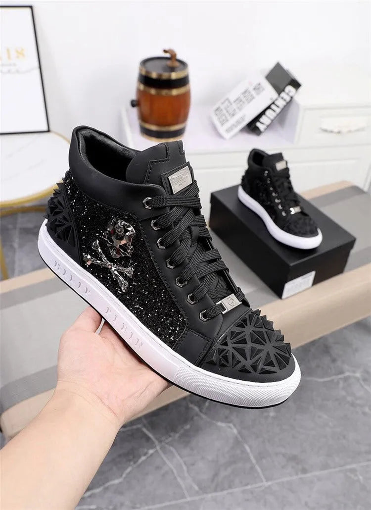 Men's black and red genuine leather high top skeleton shoes with lace-up closure.