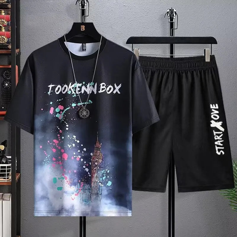 Men's summer suit set with short sleeve top and matching shorts in polyester fabric