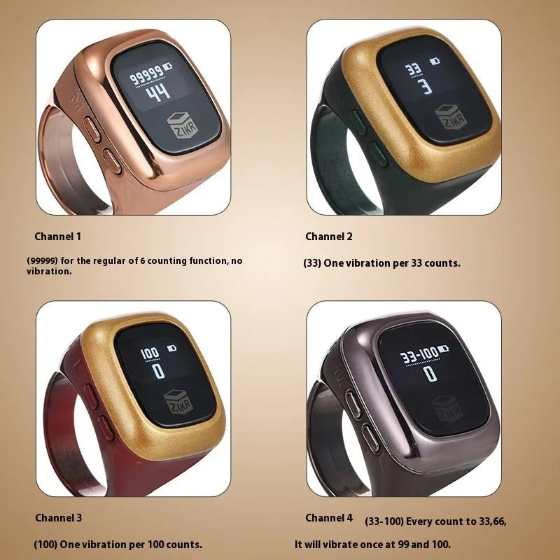 Electronic counter with digital display on a wristband, shown in multiple colour options.