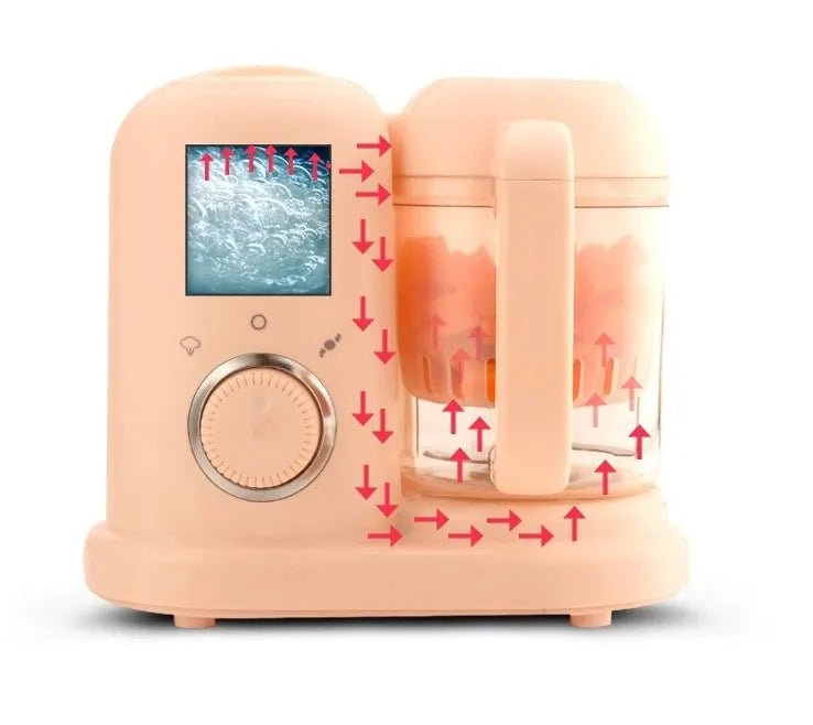 Green baby food processor with steamer and blender functions showing control panel and processing bowl