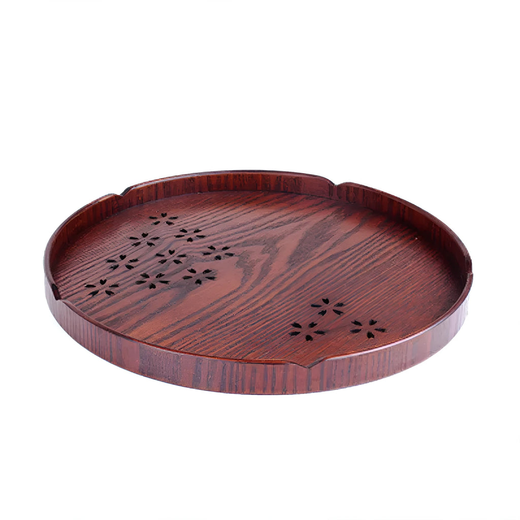 30cm wood serving tray with hollow cherry blossom pattern for dessert and fruit presentation