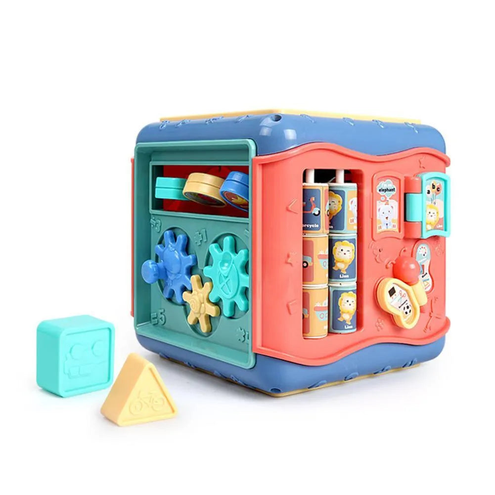 Baby hexahedron educational toy with six different games including bead maze and clock cognition