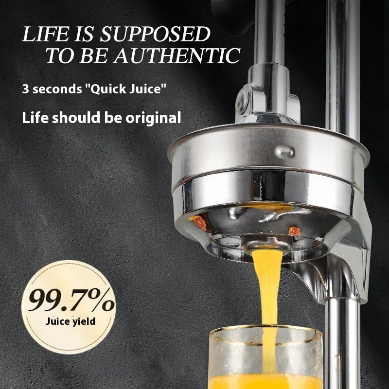 Vertical stainless steel manual citrus juicer in chosen colour with selected head style on kitchen worktop.