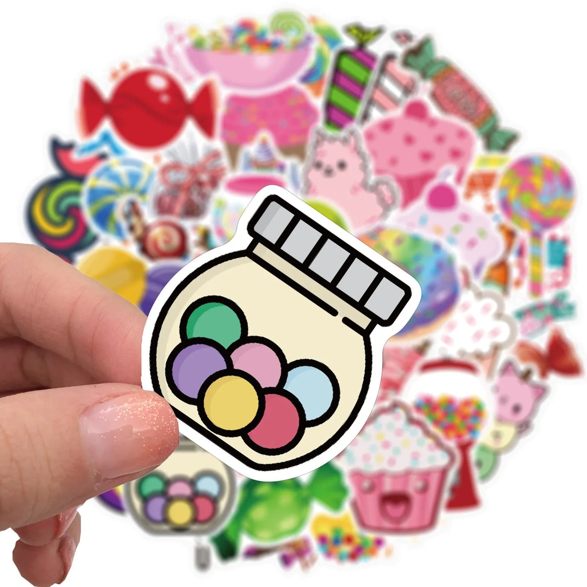 50 colourful candy series graffiti stickers with cartoon patterns measuring 4-6cm each