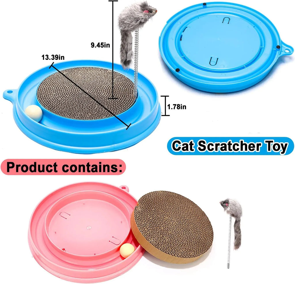 Blue interactive cat scratcher with circular ball track and replaceable scratch pad