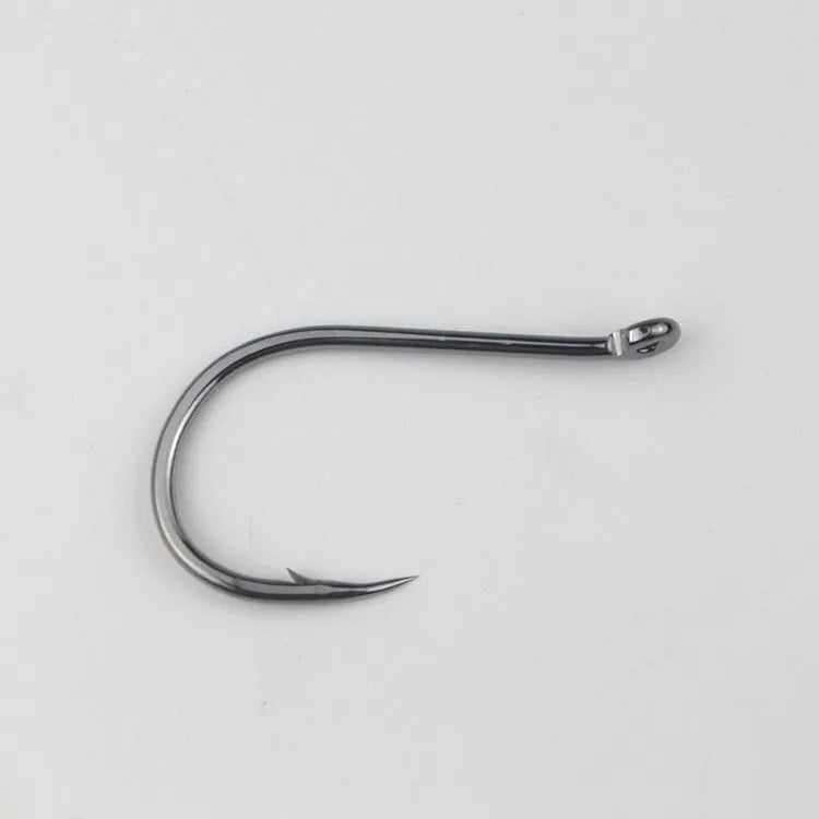 Bulk pack of barbed fishing hooks with crooked mouth and hole ring, made from alloy carbon steel.