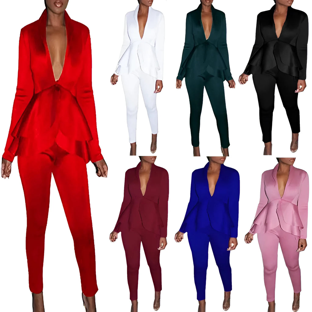 Women's white ruffled top and pencil pants business suit set on a hanger.