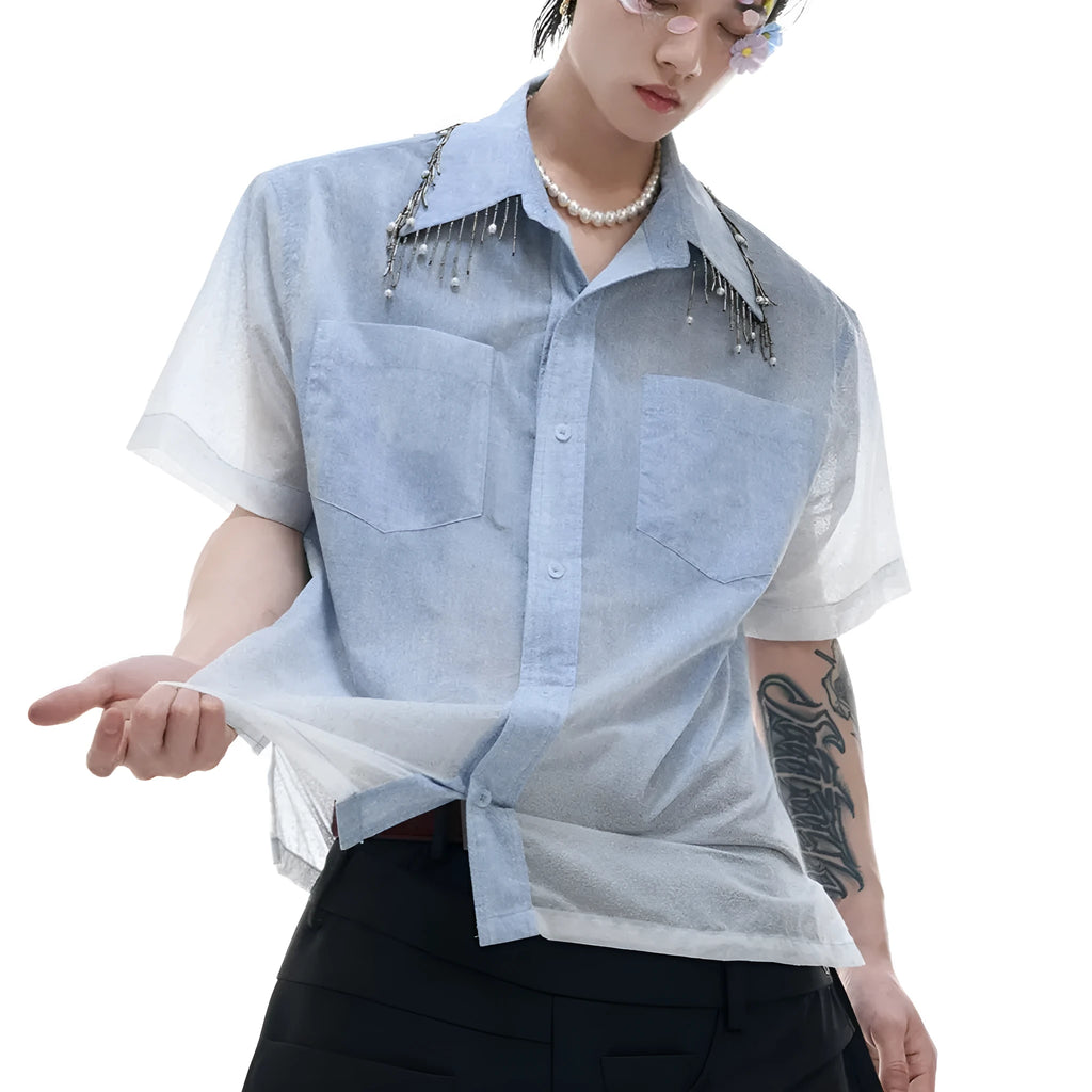 Men's loose fit blue and white gradient short sleeve shirt with quilted style details