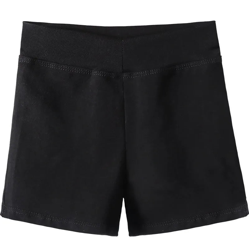 Black cotton women's dance practice shorts laid flat, shown in a solid colour.