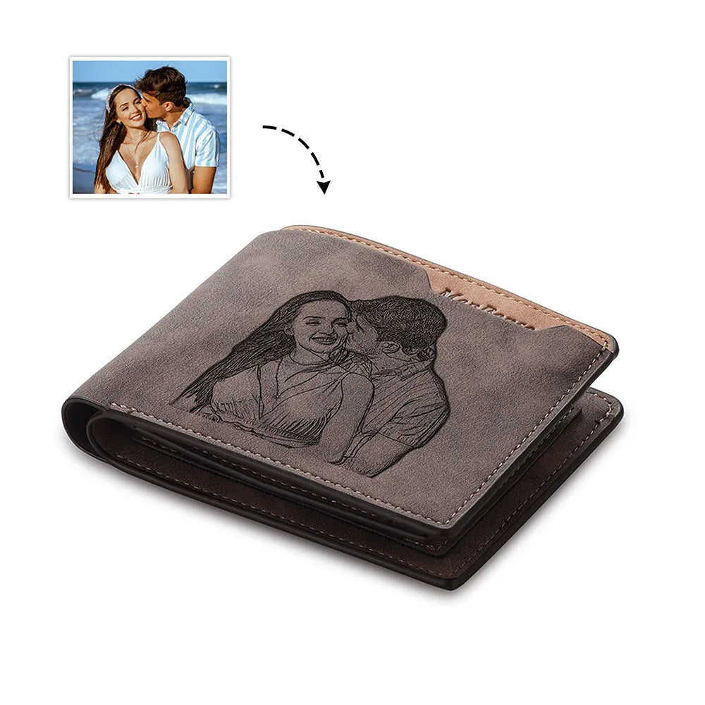 Engraved horizontal short wallet in coffee PU leather showing custom text, measuring 120x99x25mm