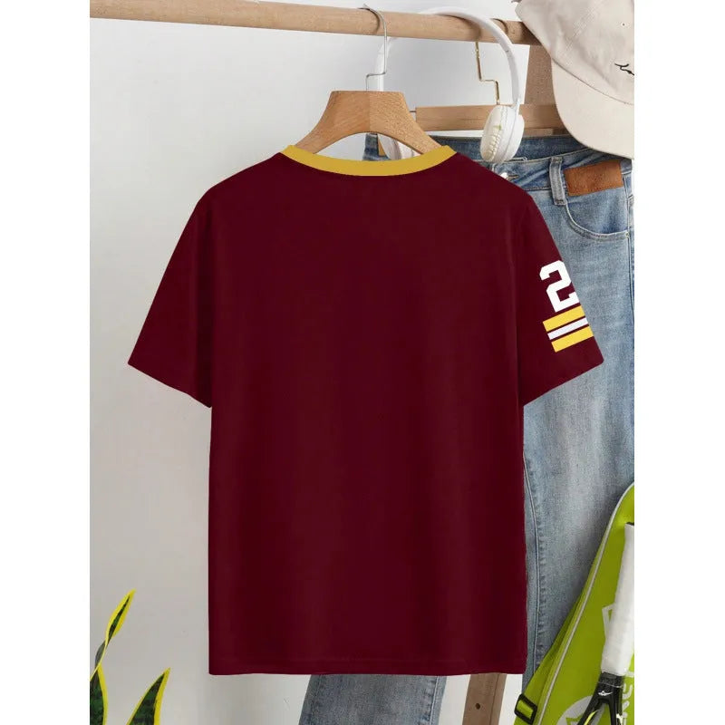 Red loose cotton T-shirt with white digital letter print on front.