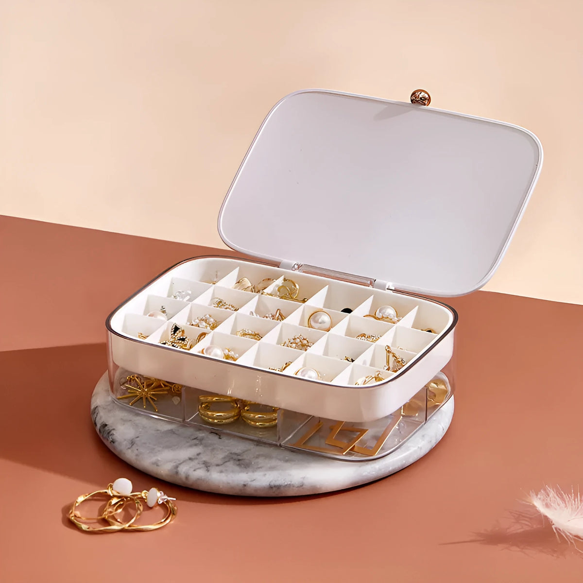Modern minimalist jewelry storage box in green colour with multi-layer compartments for organisation