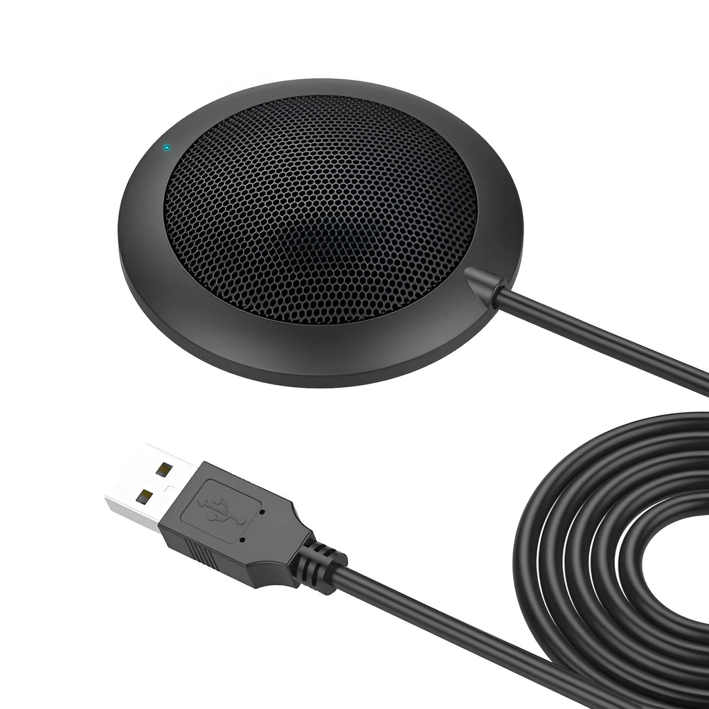 Black USB desktop microphone with metal mesh cover and zinc alloy construction for 360-degree omnidirectional pickup