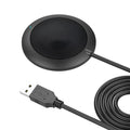 Black USB desktop microphone with metal mesh cover and zinc alloy construction for 360-degree omnidirectional pickup