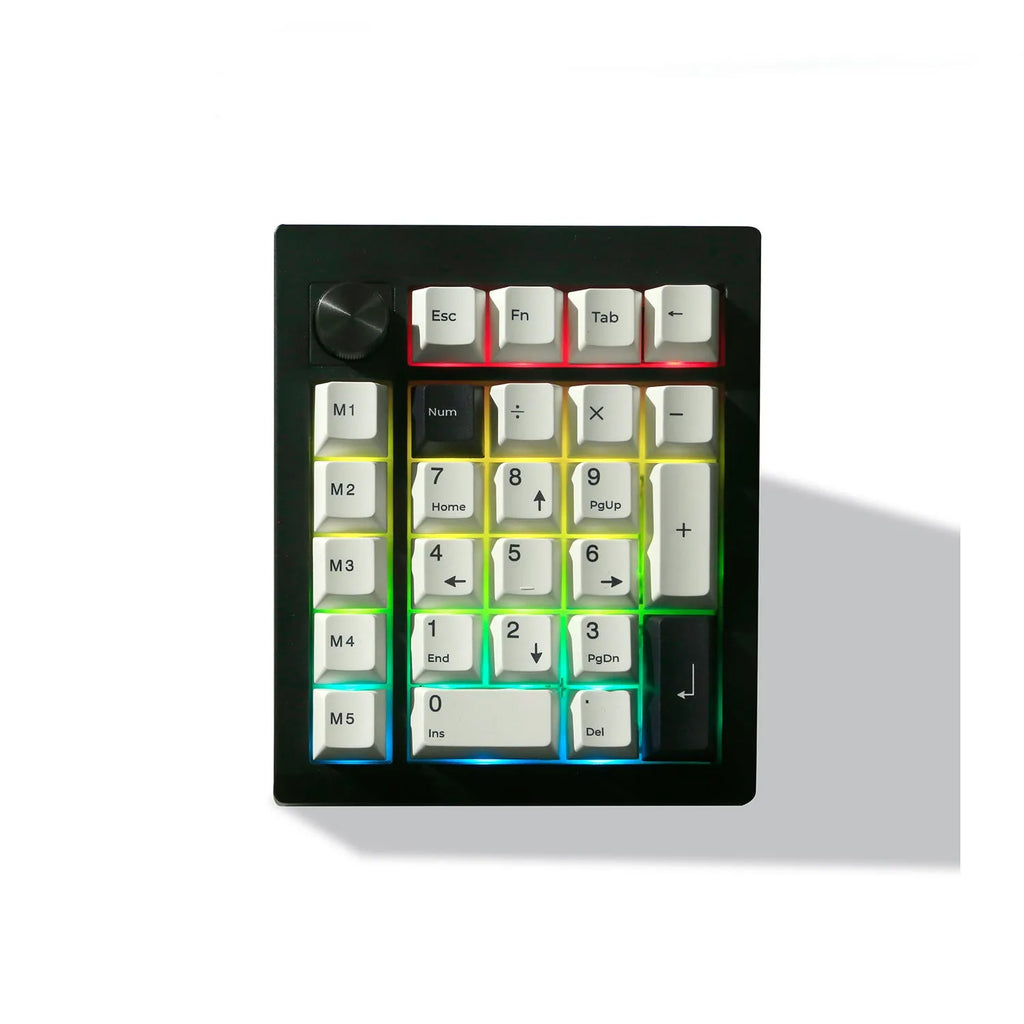 Black and white wireless mechanical Bluetooth numeric keypad with three connection modes.