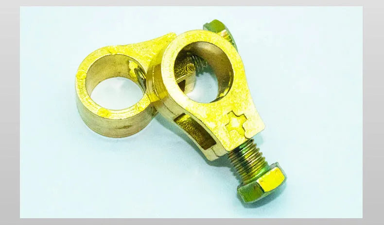 Pure copper automotive battery cable clamp with a patented design for terminal connections.